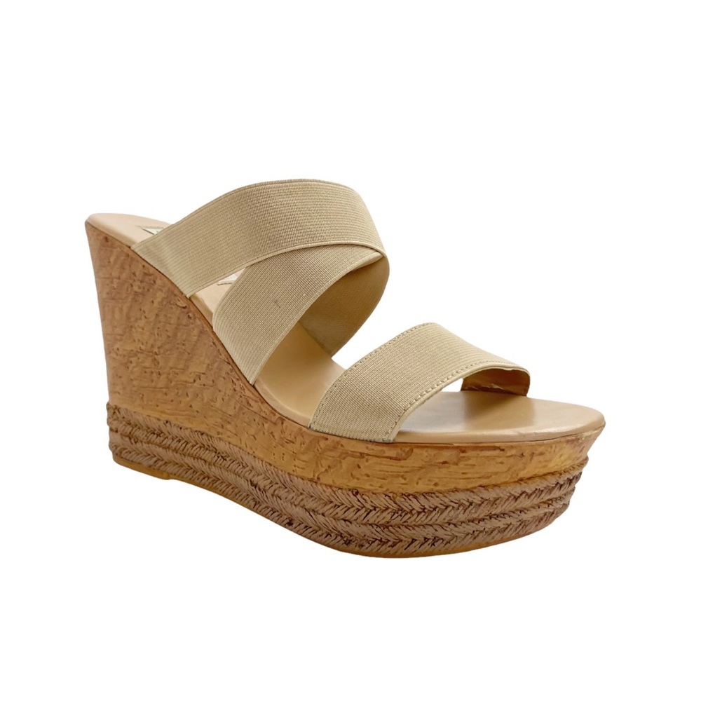 Steve Madden Yeager Beige Tan Faux Cork Platform Wedge Sandal Size 8.5
